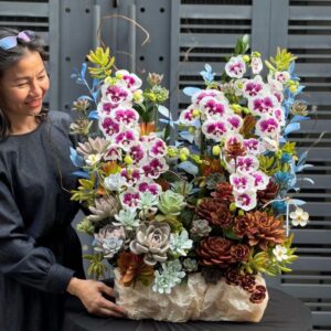 Giỏ hoa sen đá mix lan hồ điệp đẹp tươi lâu