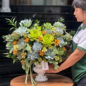 bình hoa sen đá màu xanh chủ đạo