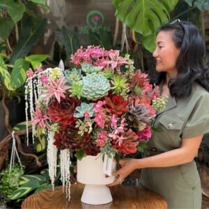 Bình hoa sen đá màu đỏ mix lan mini đỏ