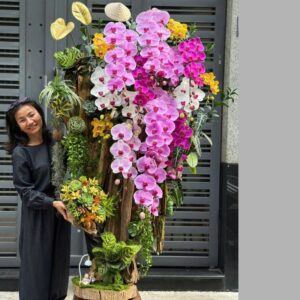 hoa tặng kỷ niệm 10 năm thành lập công ty lan hồ điệp mix sen đá và gỗ lũa