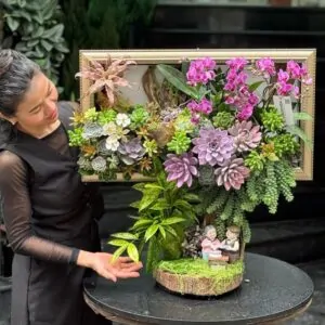 tranh hoa tươi 3d lan mini mix hoa sen đá